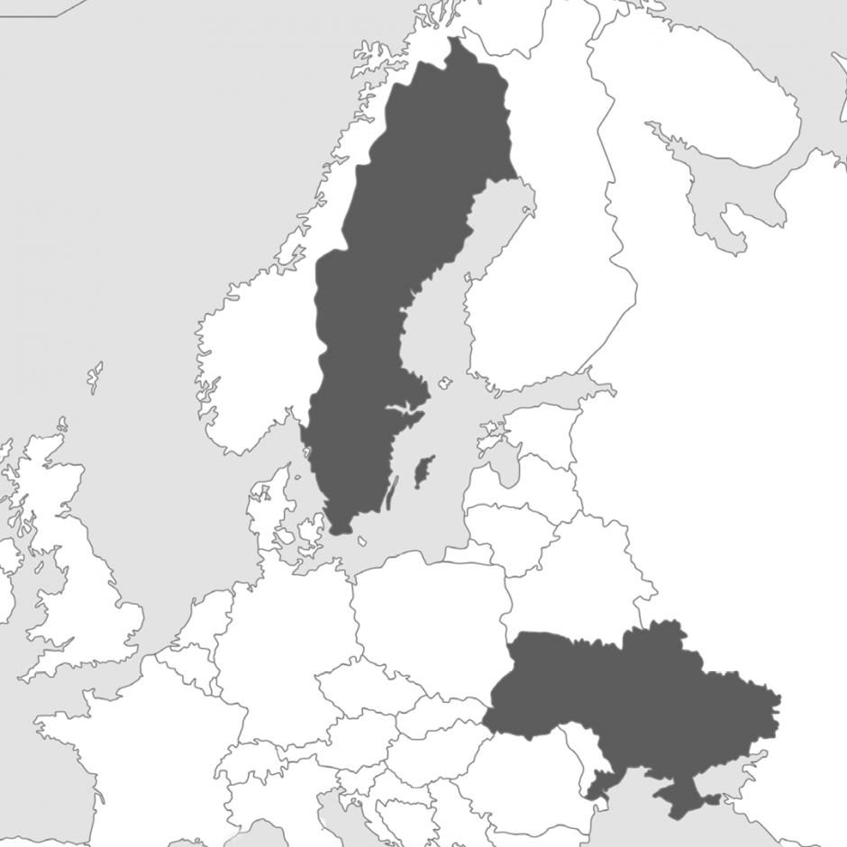 Karta på europa med Sverige och Ukraina
