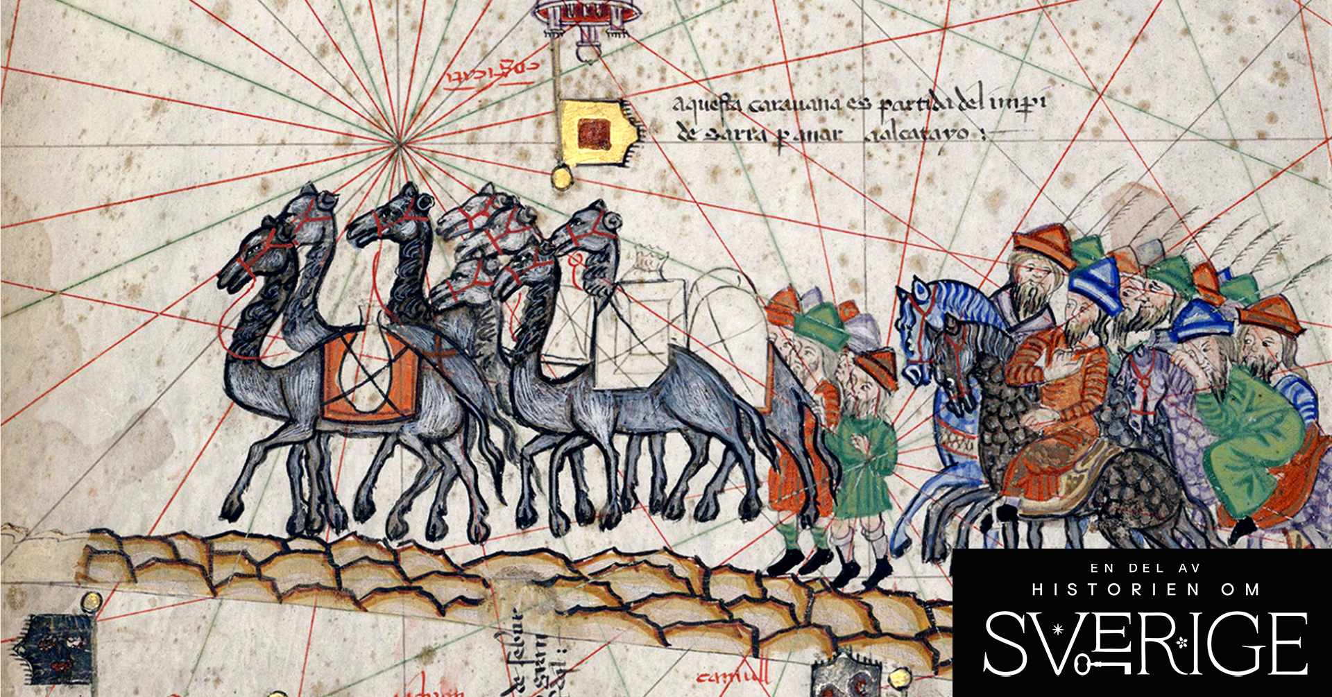 En målning med en grupp människor och kameler samt kartstreck