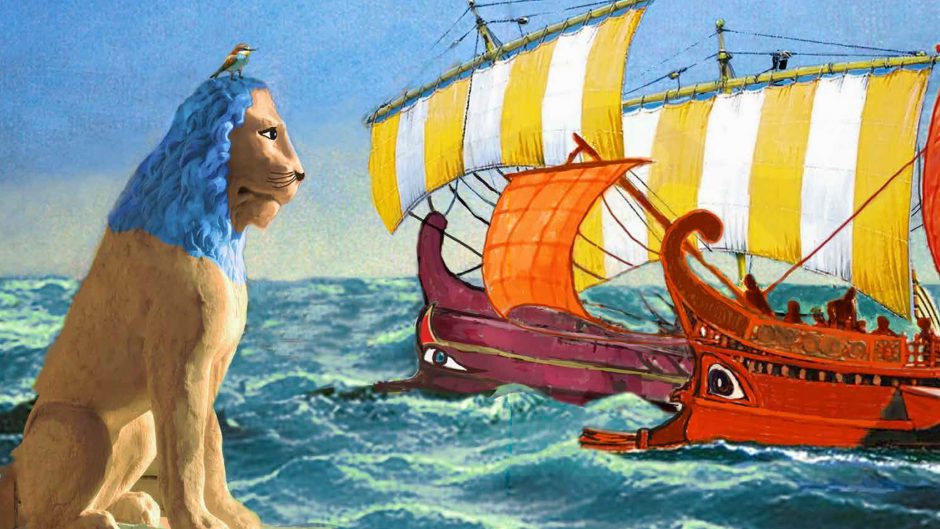 Cartoon image of a lion looking at a sailing ship