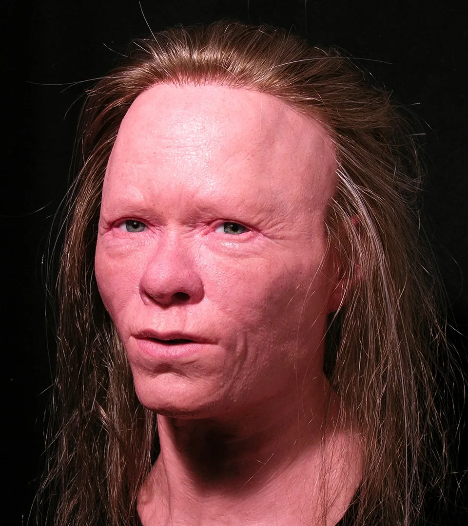 Reconstructured life-like head of a woman. The face is coarse, with high cheek bones and wrinkles. Her mouth is slightly open. 