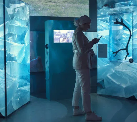 Besökare använder sin mobil i utställningen.