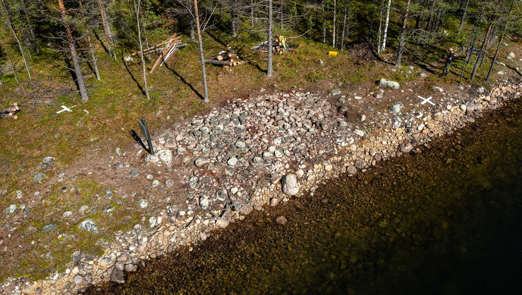 Randen av skog med stenar vid vattnet i ovanifrånperspektiv.