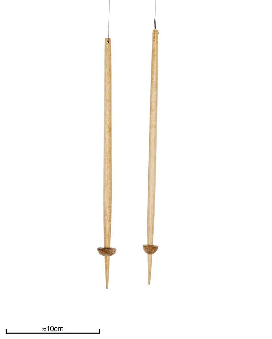 Distaff weights of amber with wooden shafts