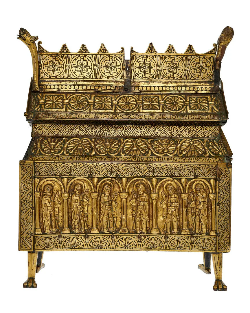 Golden shrine with decorations of people and patterns