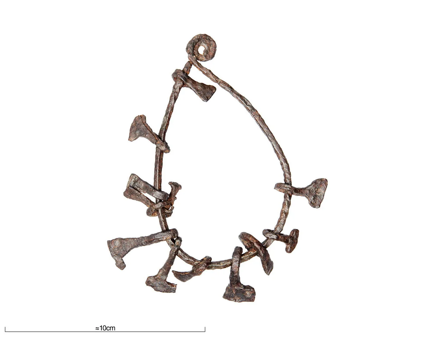 A pear-shaped metal ring with eleven pendants in the shape of hammers.