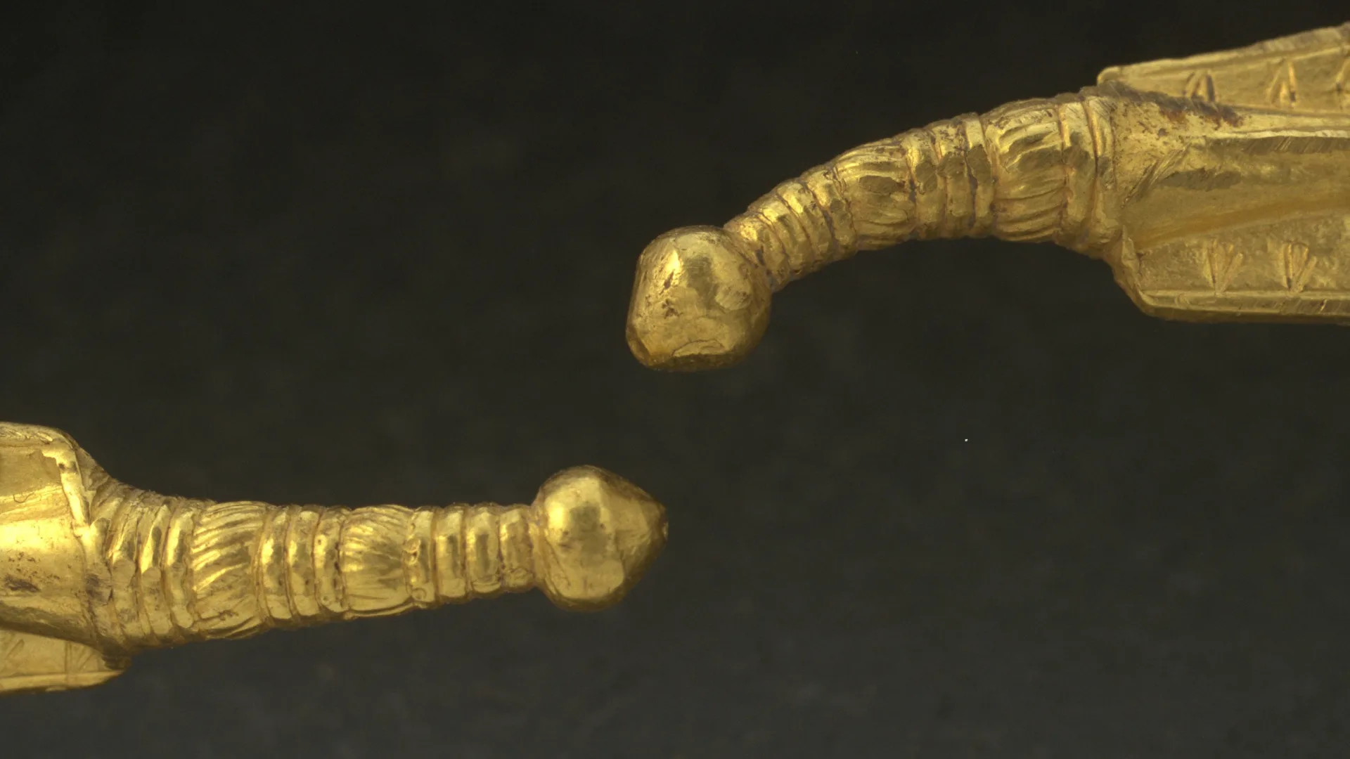 Två rikt dekorerade ändar av en guldring.