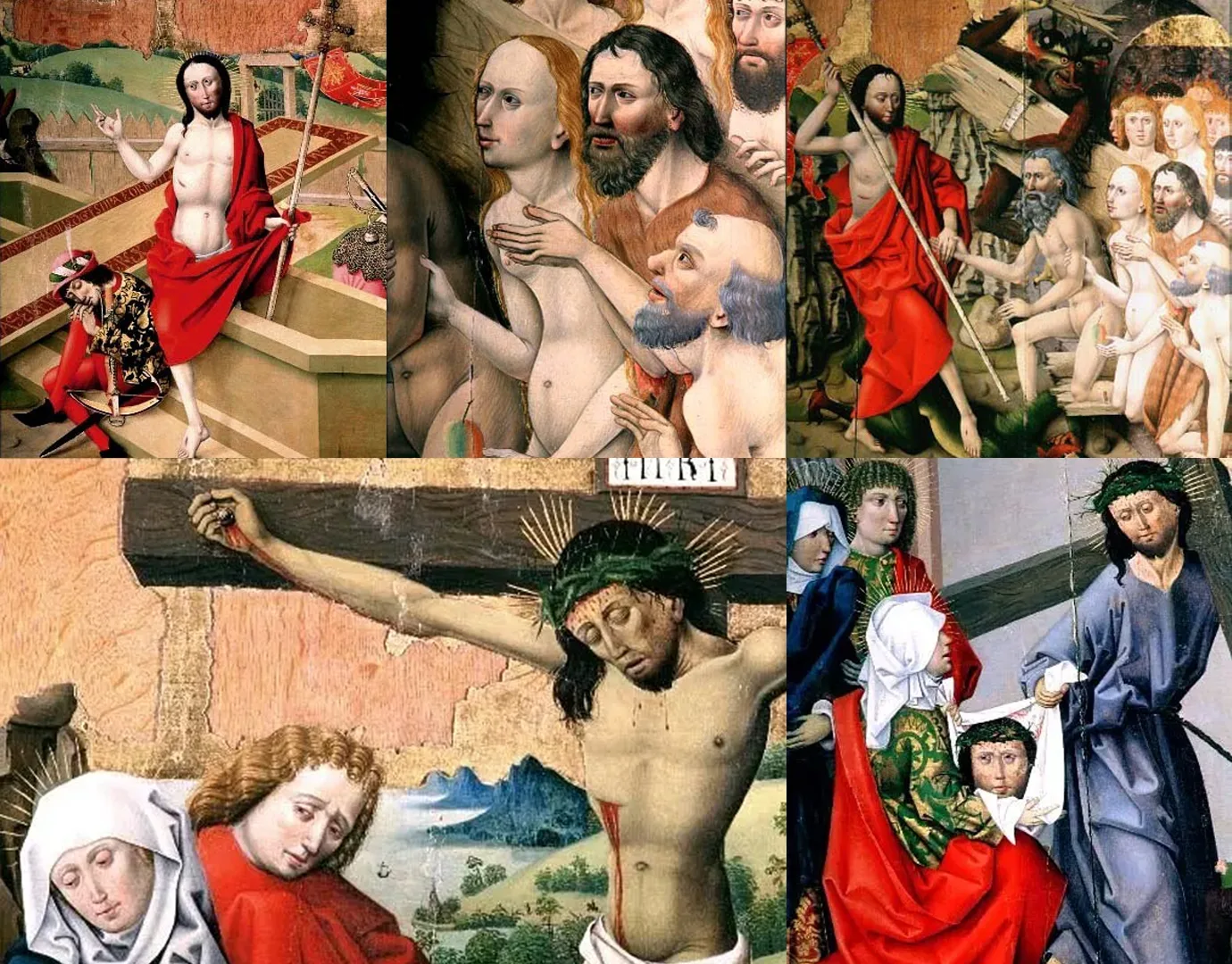 Collage with painted scenes from the life of Jesus.