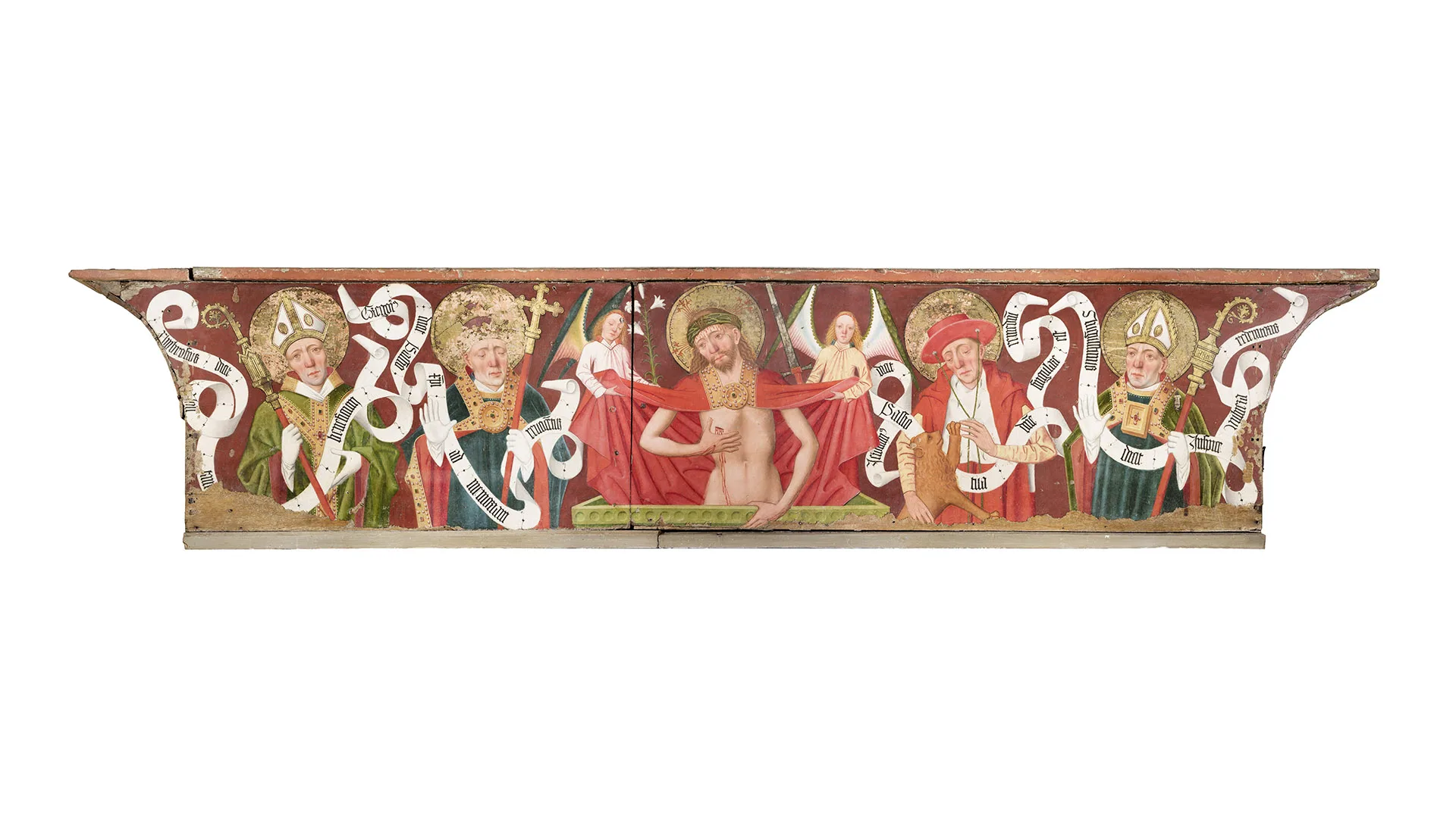 Rektangulär del av altarskåp, målad med figurer och änglar, Jesus i mitten