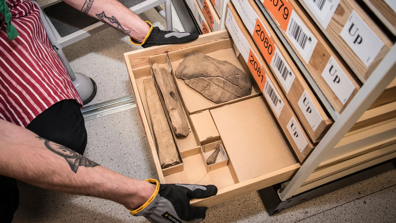 Person tar ut föremål ur en låda.