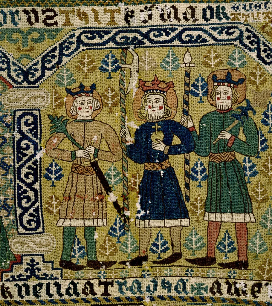 Broderidetalj med Sankt Erik, Olof och Knut
