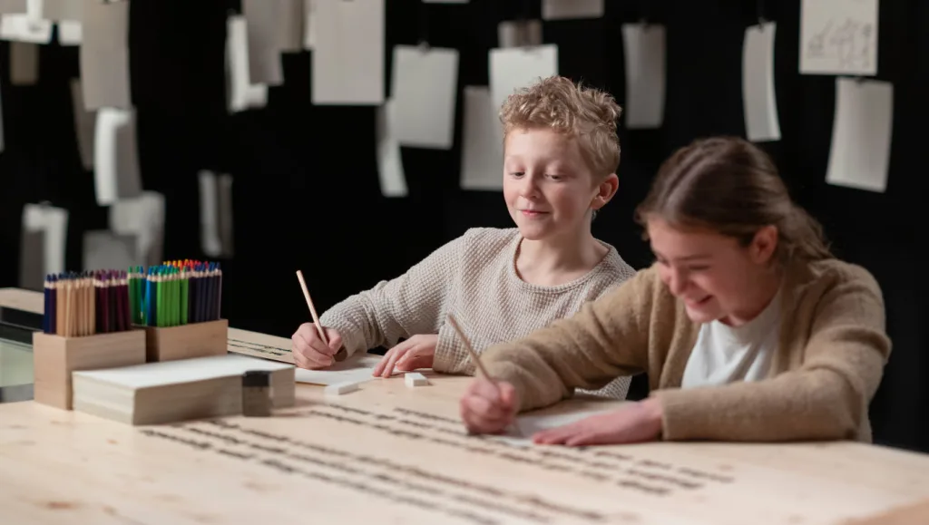 Children writing in the exhibition.