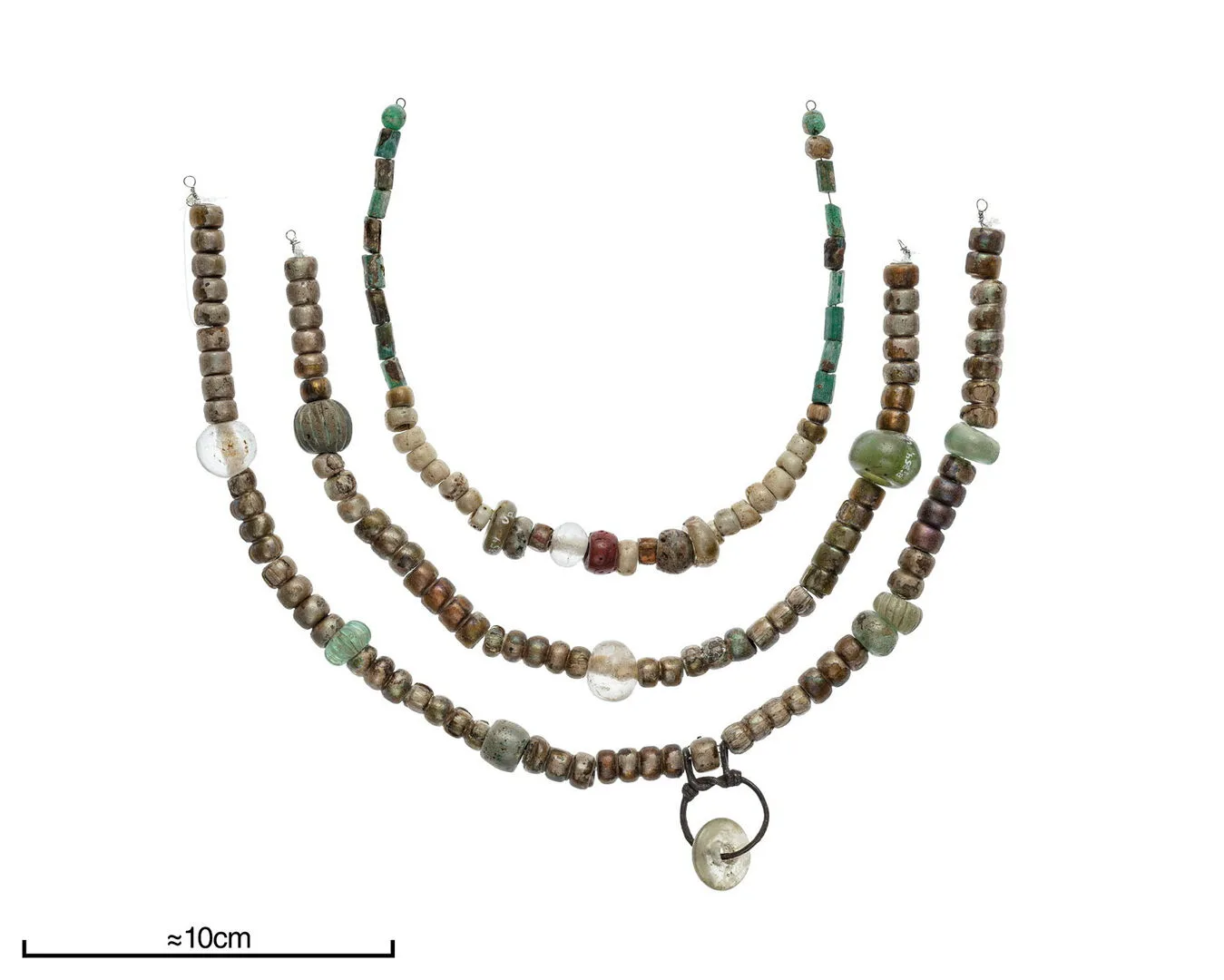 A nekclace with three rows of glass beads.
