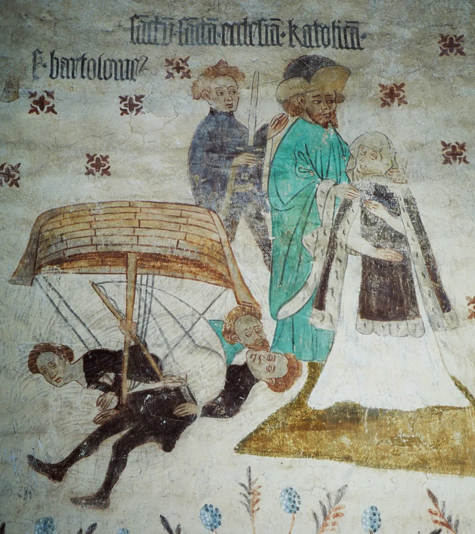 Drawing of people scattered all over under an upside-down ship