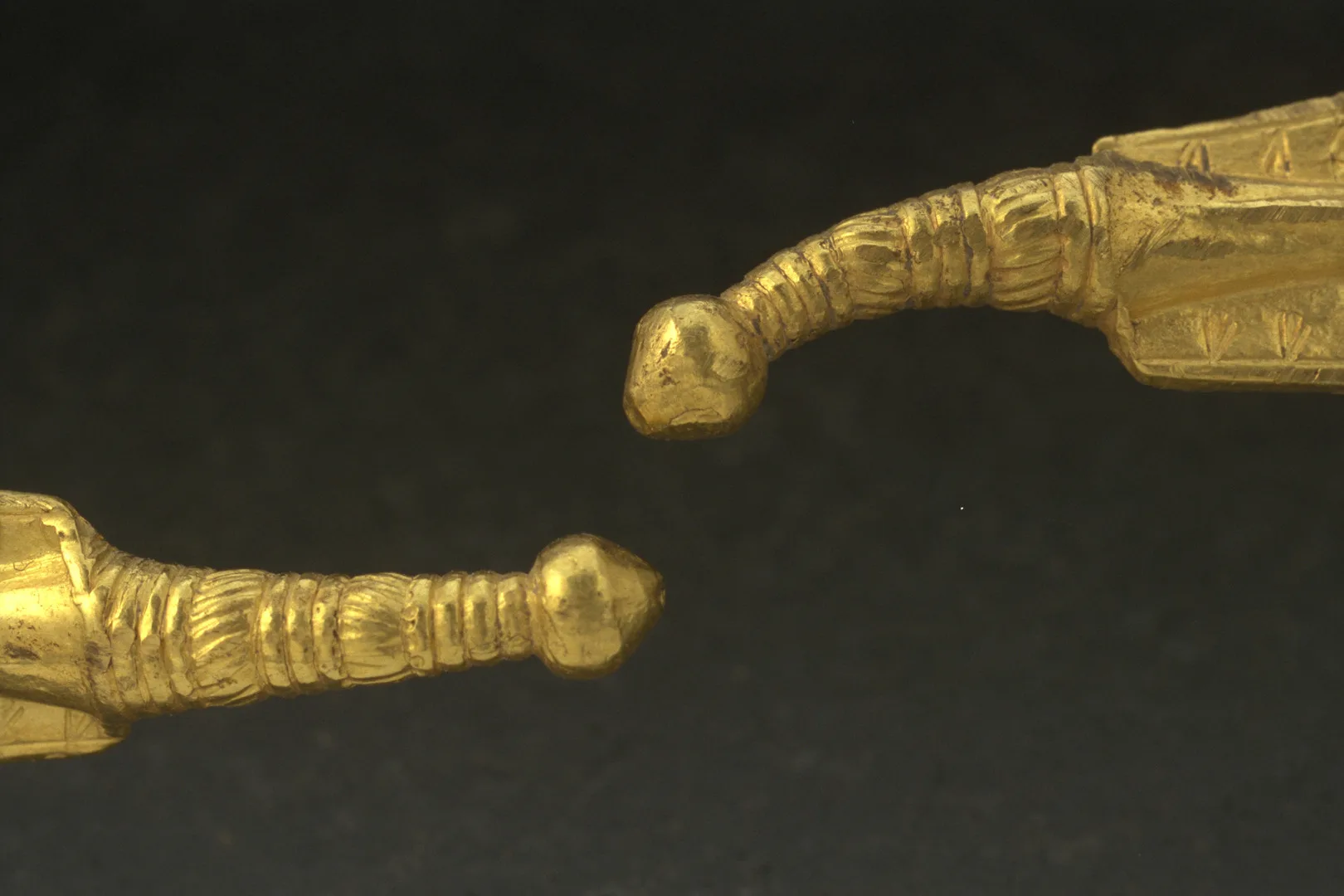 Två rikt dekorerade ändar av en guldring.