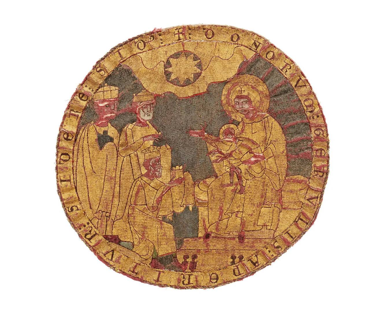 Broderad cirkel med tre vise män som ger gåvor till Jesubarnet i Marias knä