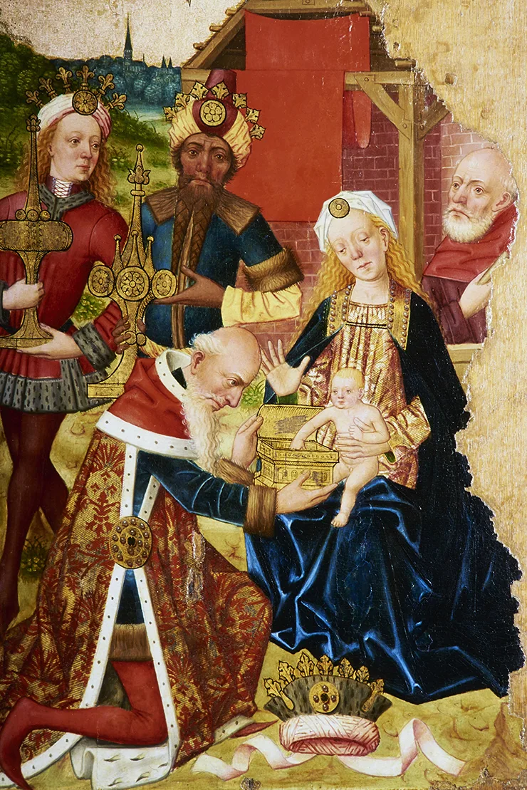 Färgstark målning med tre kungar och kvinna med naket barm i knät.