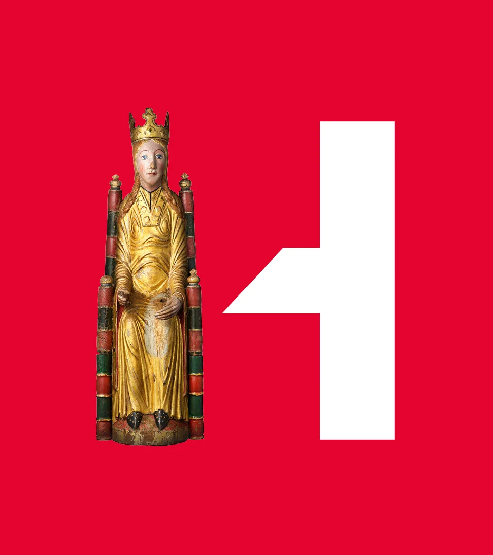 Historiskas logga och skulpturen Madonnan från Viklau kyrka.