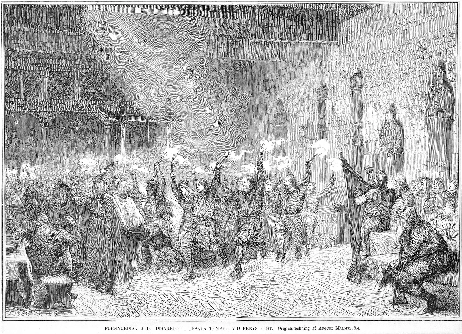 Svart och vit teckning av en fornordisk jul.