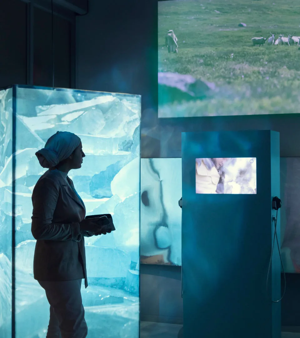 Besökare i utställningen Forntider på Historiska museet.