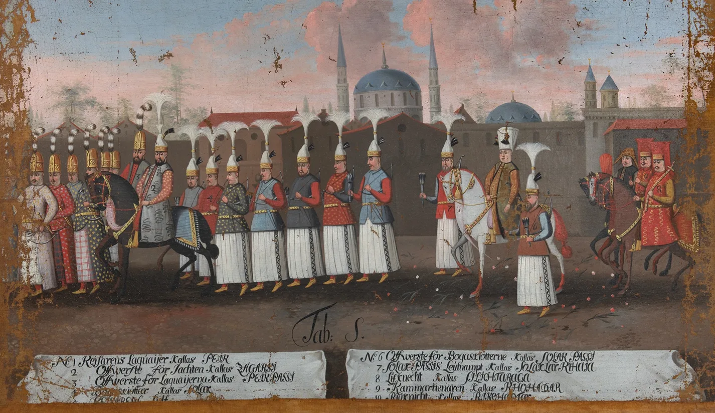 Painting depicting the Turkish emperor on a white horse, surrounded by entourage
