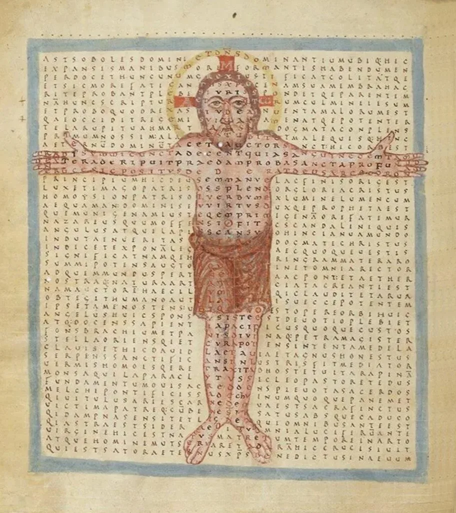 A page from an old book showing a standing man with his arms outstreched. The background consists of closely written text, covering the figure, and a blue edge.