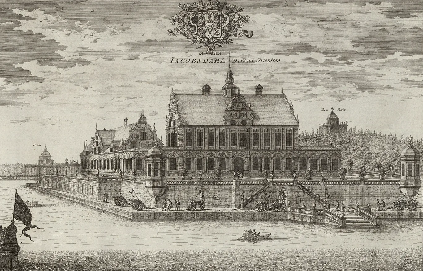 Etching of a castle complex with two main buildings enclosed by walls and a harbour facility. In the background, two churches are visible.