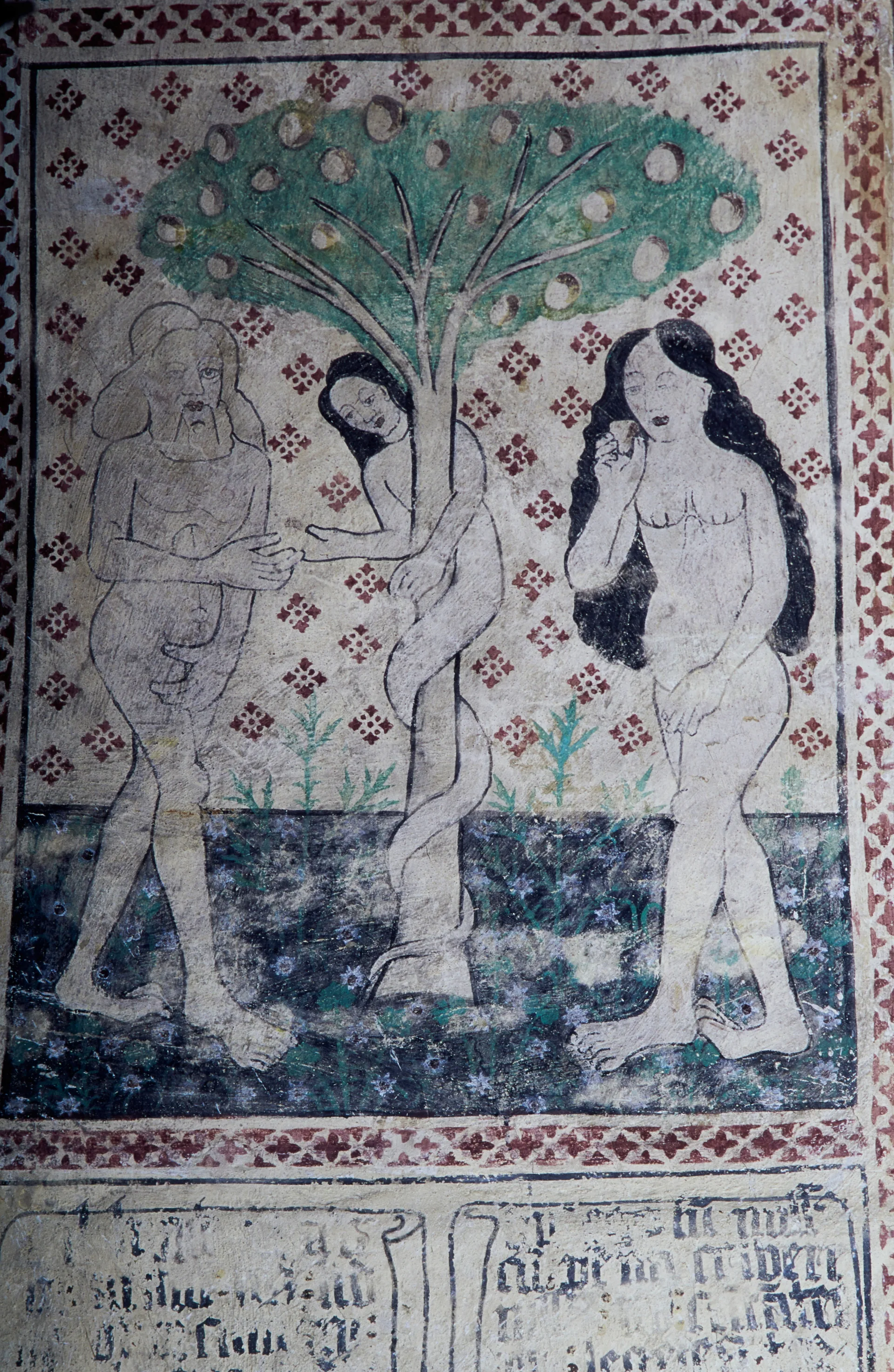 Fresco of Adam and Eve under a tree