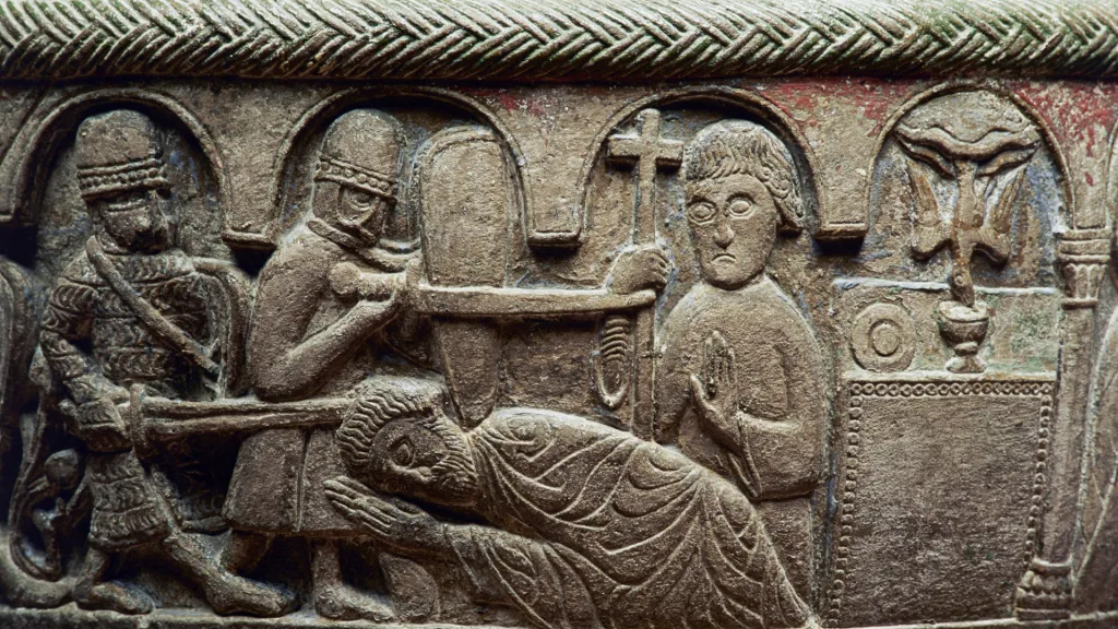 Historiska museet_medeltid_Thomas Beckets martyrium_dopfunt Skane Lyngsjo_1920x1080