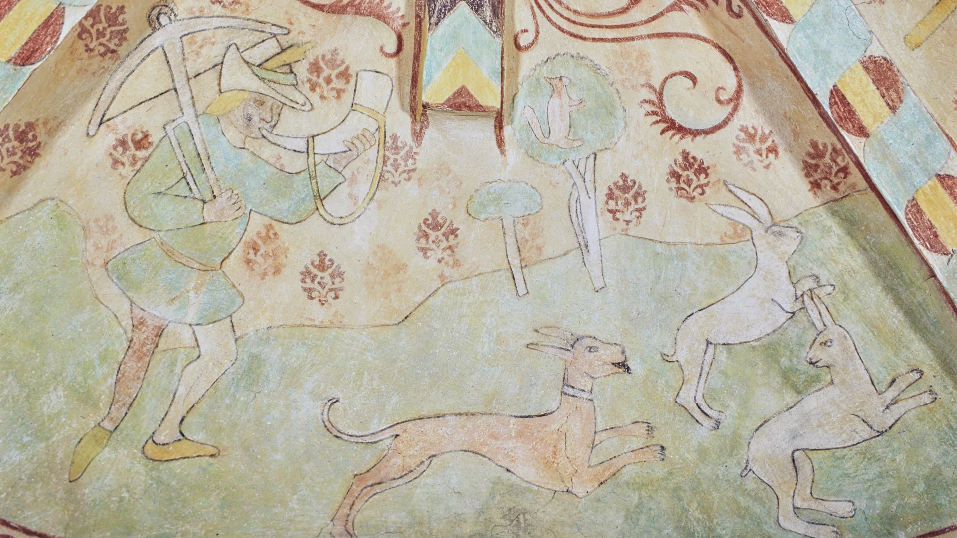 Painting of a hunter a dog and two hares