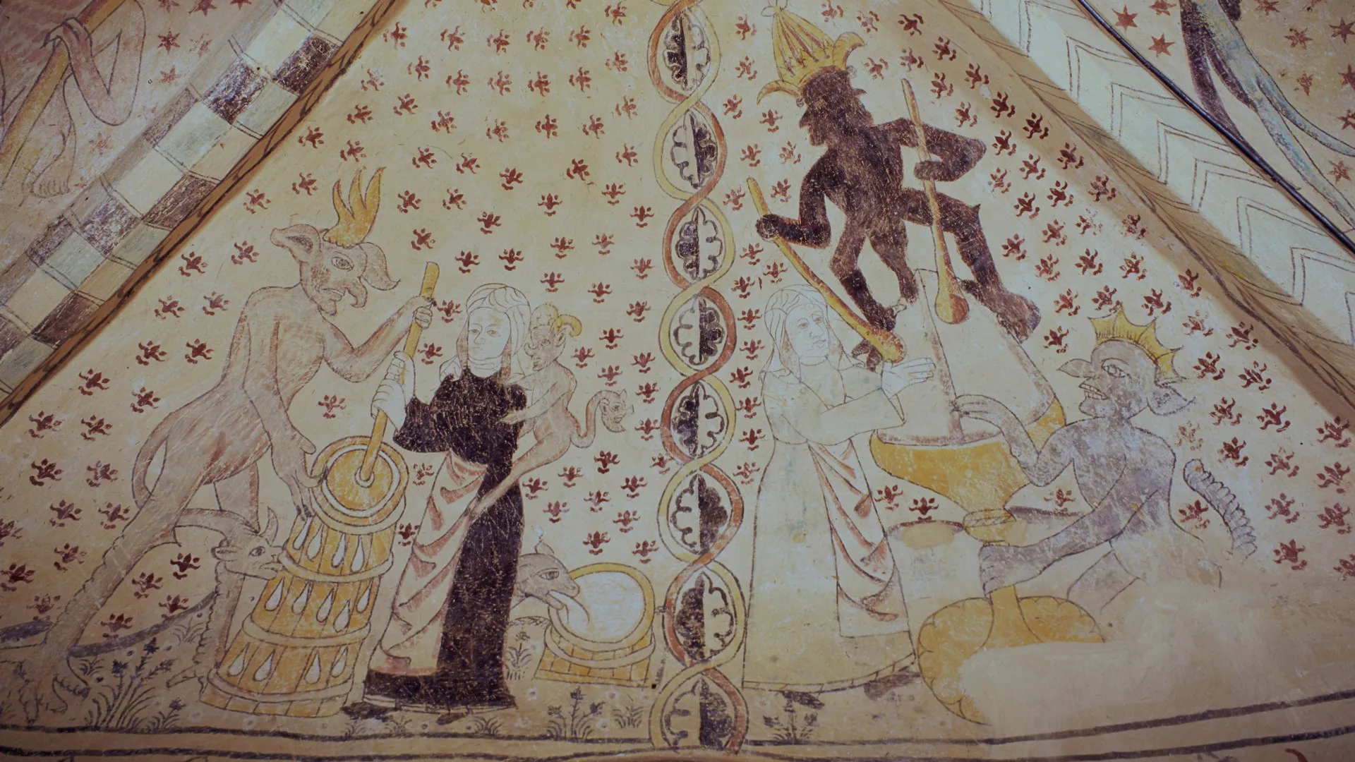 A woman churns butter with the help of the devil