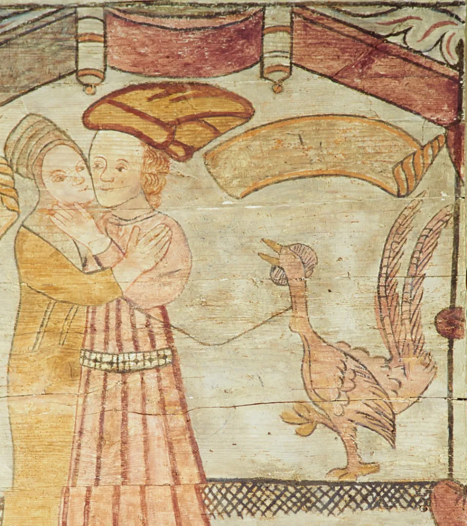 painting of rwo people kissing next to a chicken with long tail feathers
