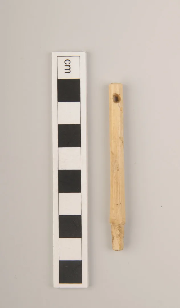 A thin, round object with a small hole at one end.