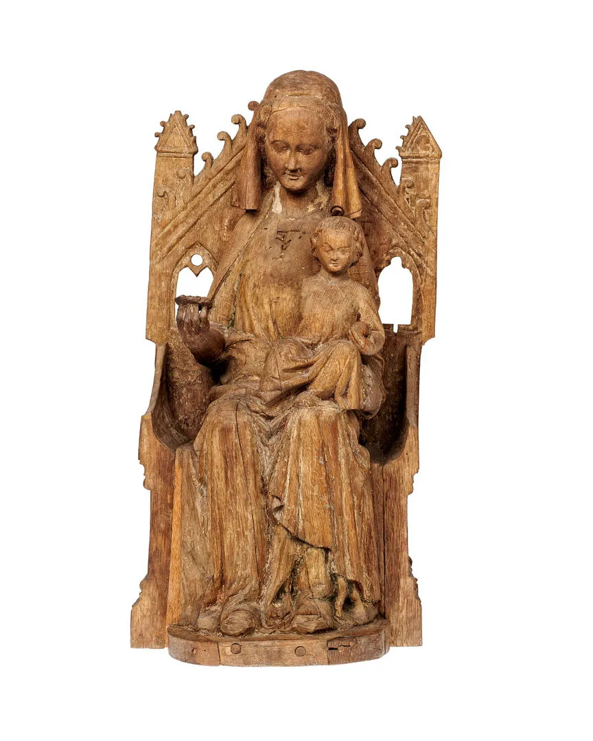 Wooden sculpture of Madonna seated with child.