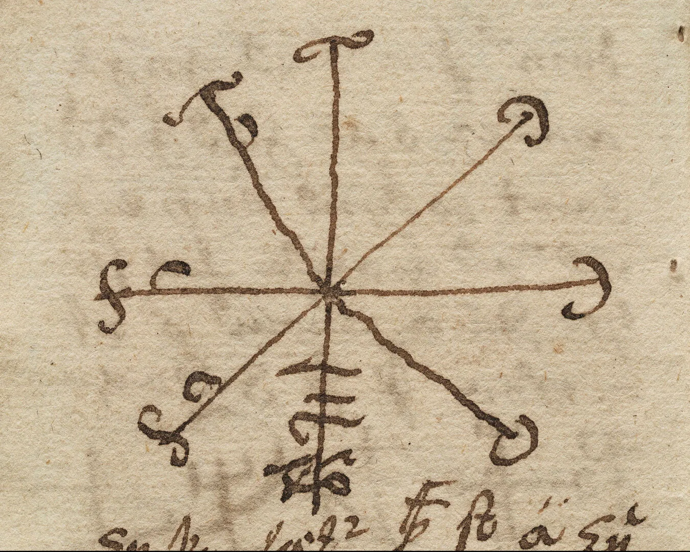 En detalj ur en svartkonstbok; fyra linjer som korsar varandra till en åttuddig stjärna. I varje ände av linjerna finns små, krokiga figurer.