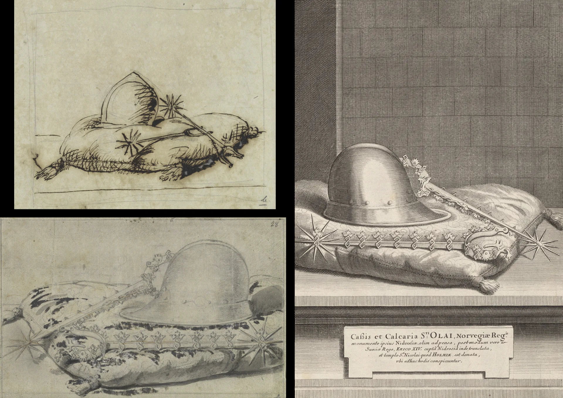 Three sketches of trophies, from first to final drawing