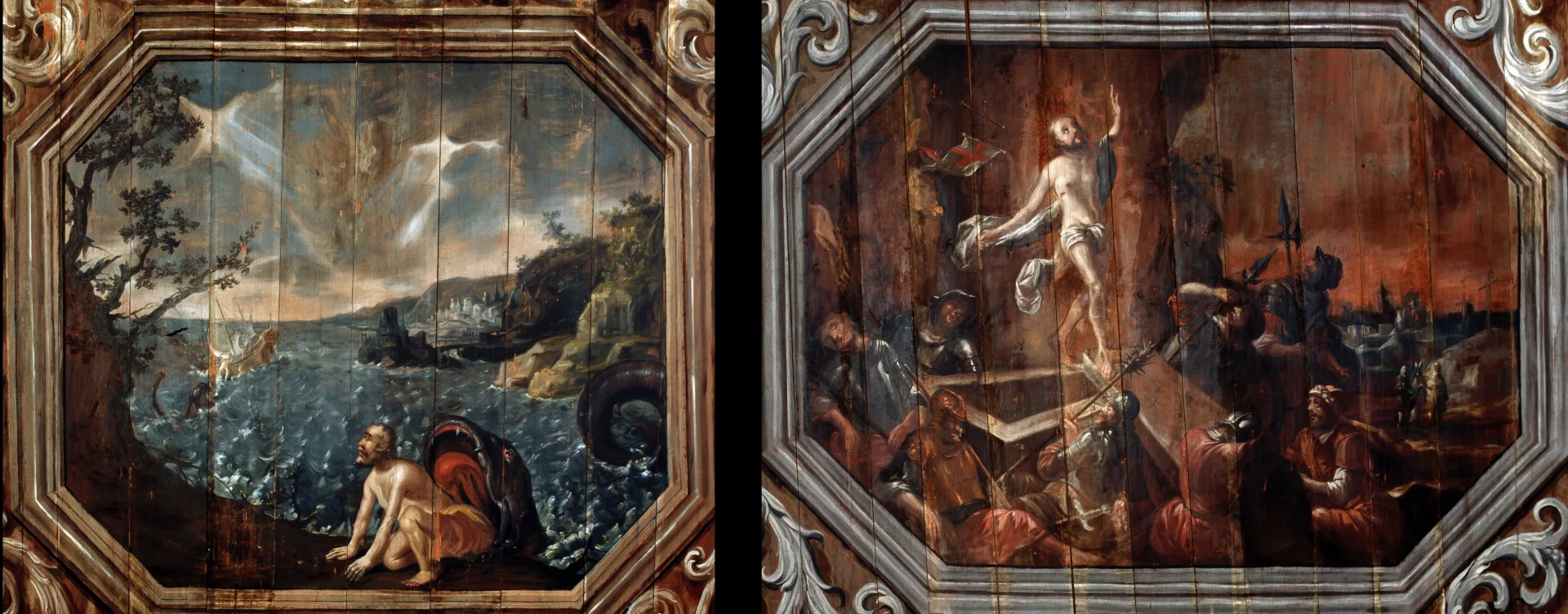 Left. Etching of Jonah leaving a whales mouth. Right. Painting depicting Christ rising from a grave.