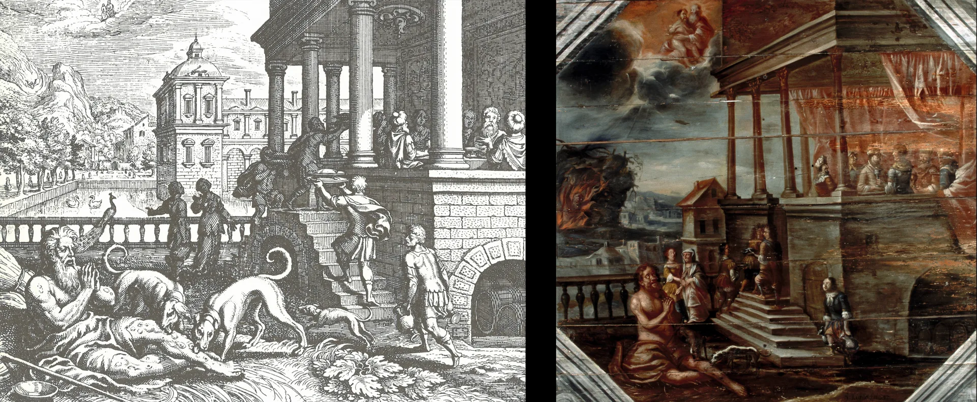 Two different depictions of an older man sitting on the ground begging, while people carry food up a stairway.