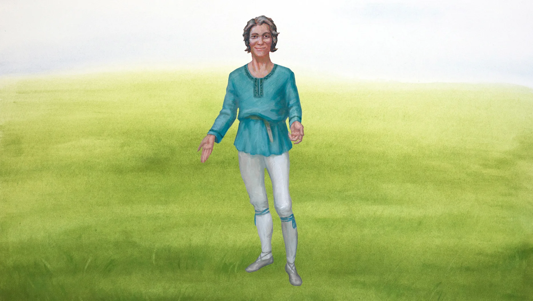 Illustrerat porträtt av Balder som står på en äng.