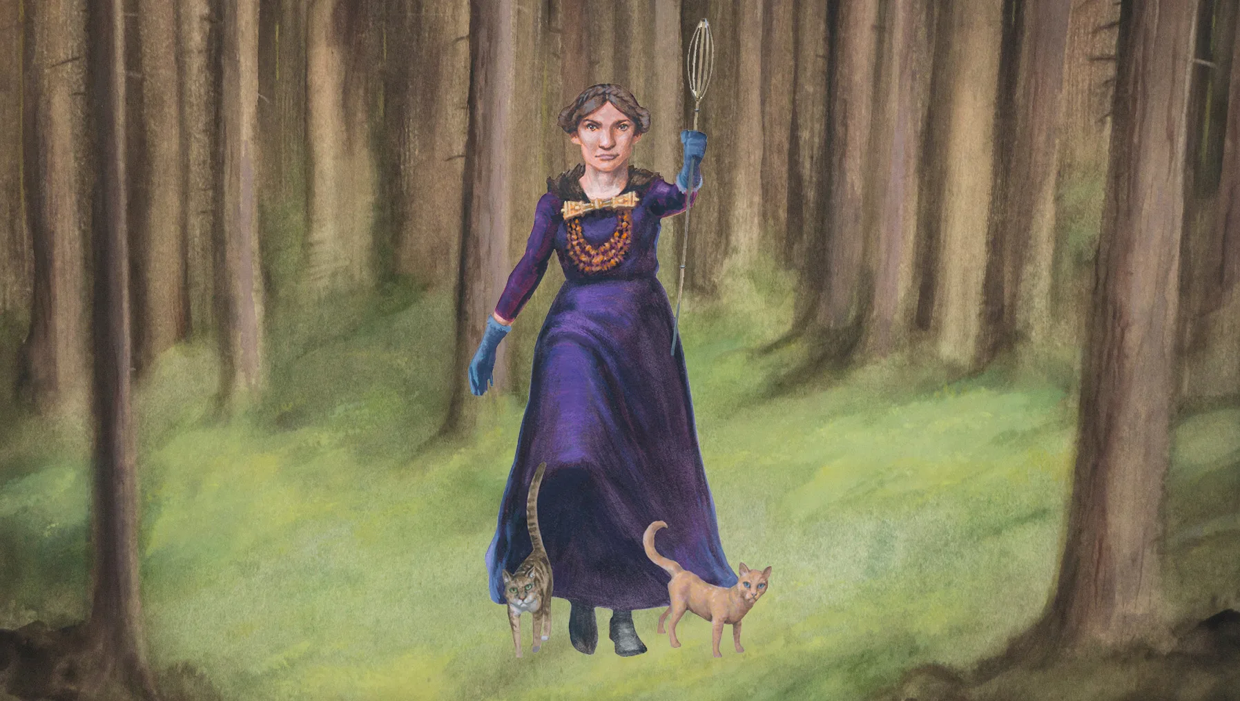 illustration of Freya holding a staff with two cats 