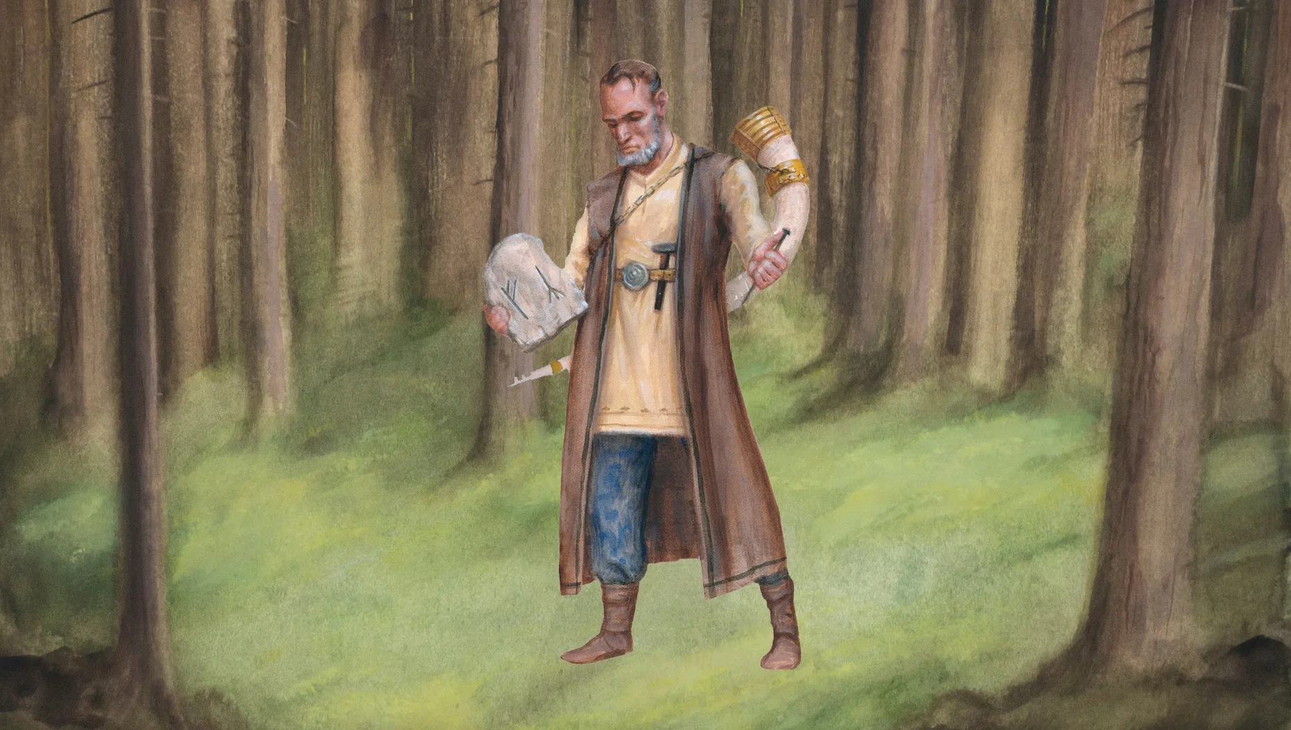 Illustration Heimdall in the woods with a rune tablet and horn