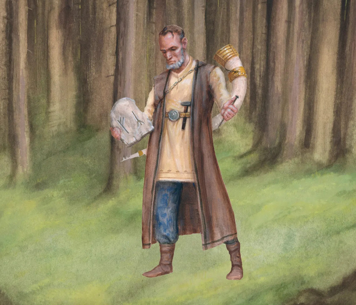 Illustration Heimdall with rune stone and horn