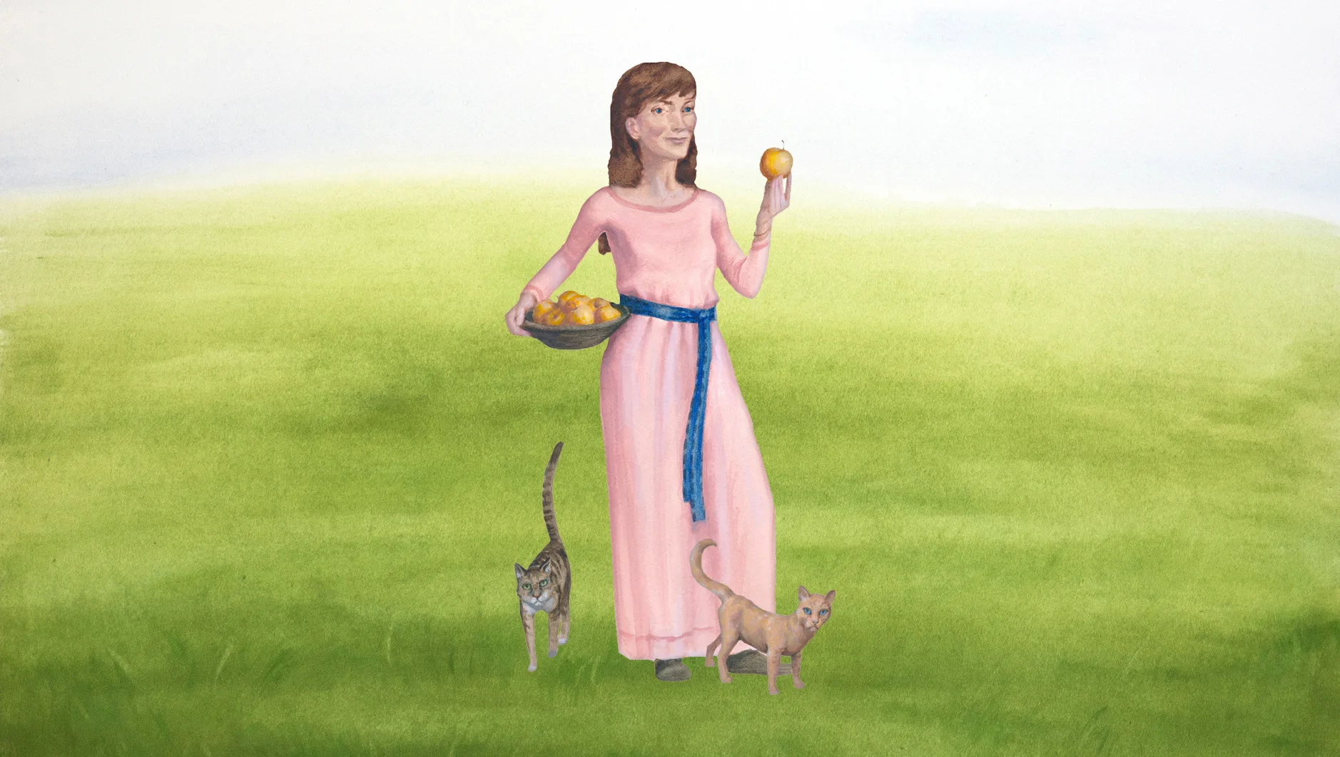 Illustration of Idun with cats and a bowl of apples