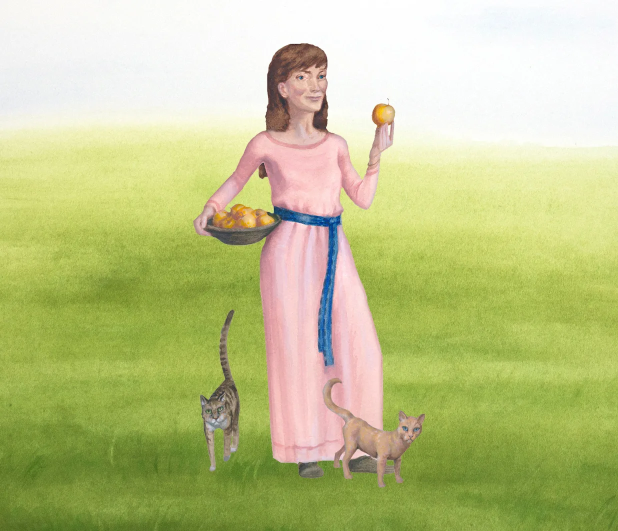 Illustration Idun with apples and cats