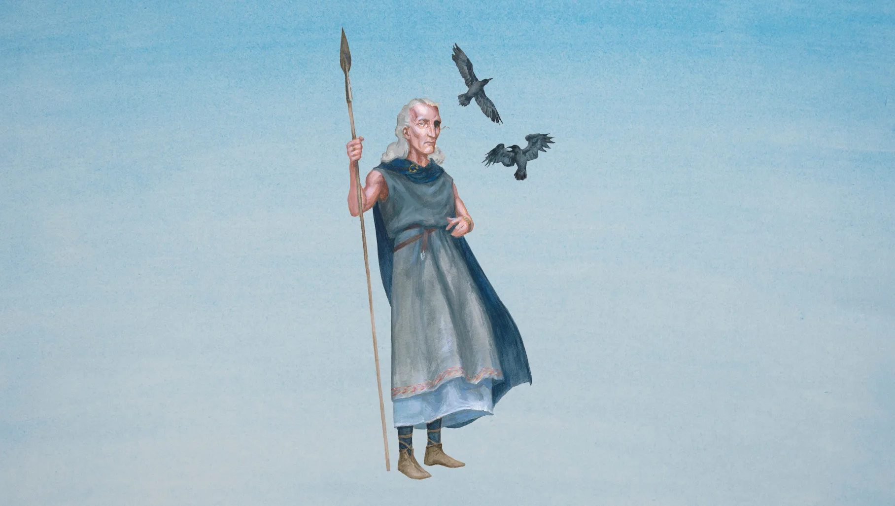 Illustration of Odin with a staff and two crows