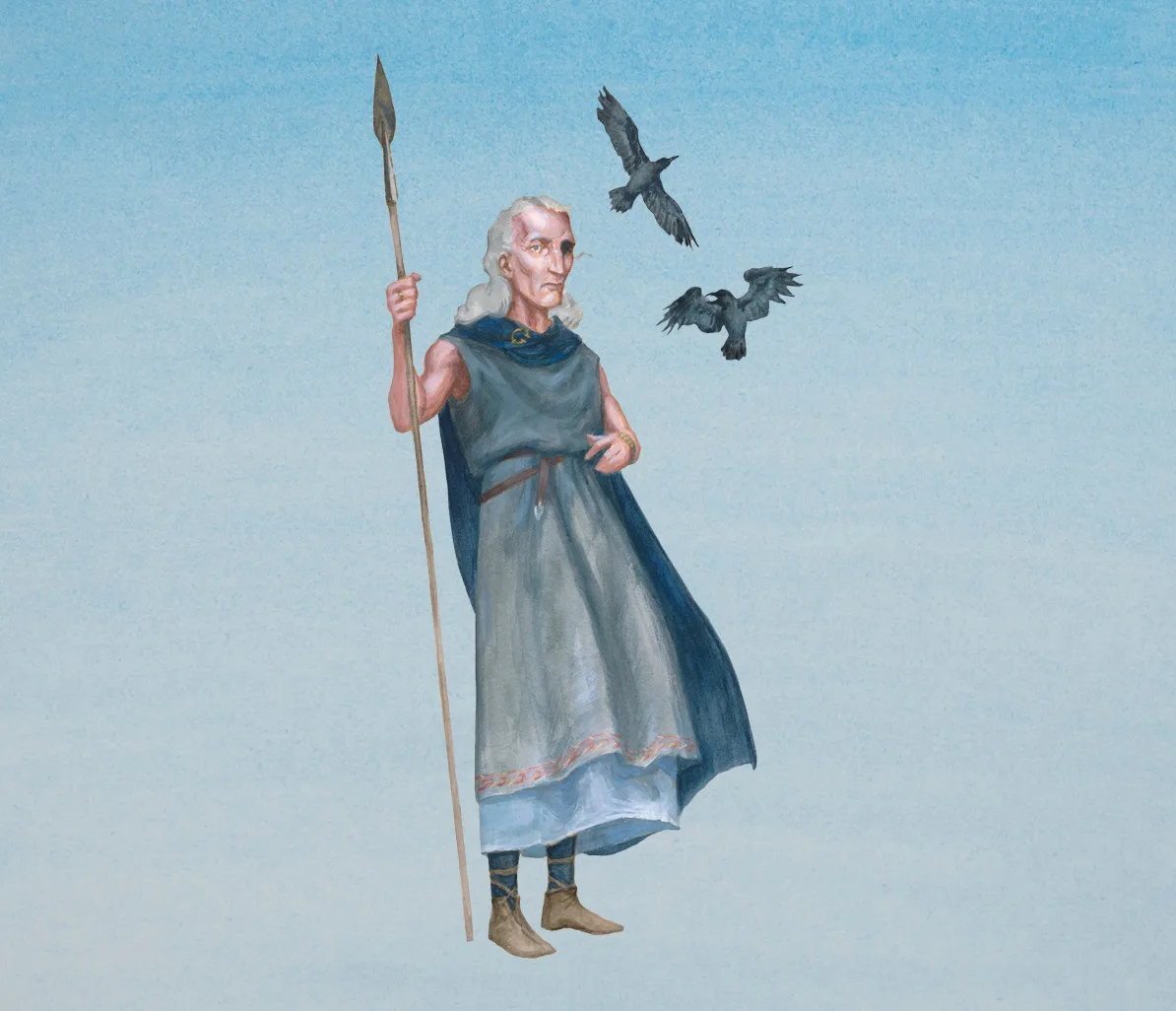 Illustration Odin with staff and crows