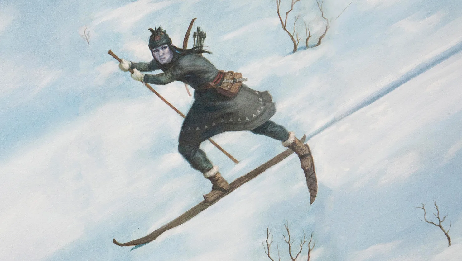 Illustration of Skadi with one ski, in a winter landscape