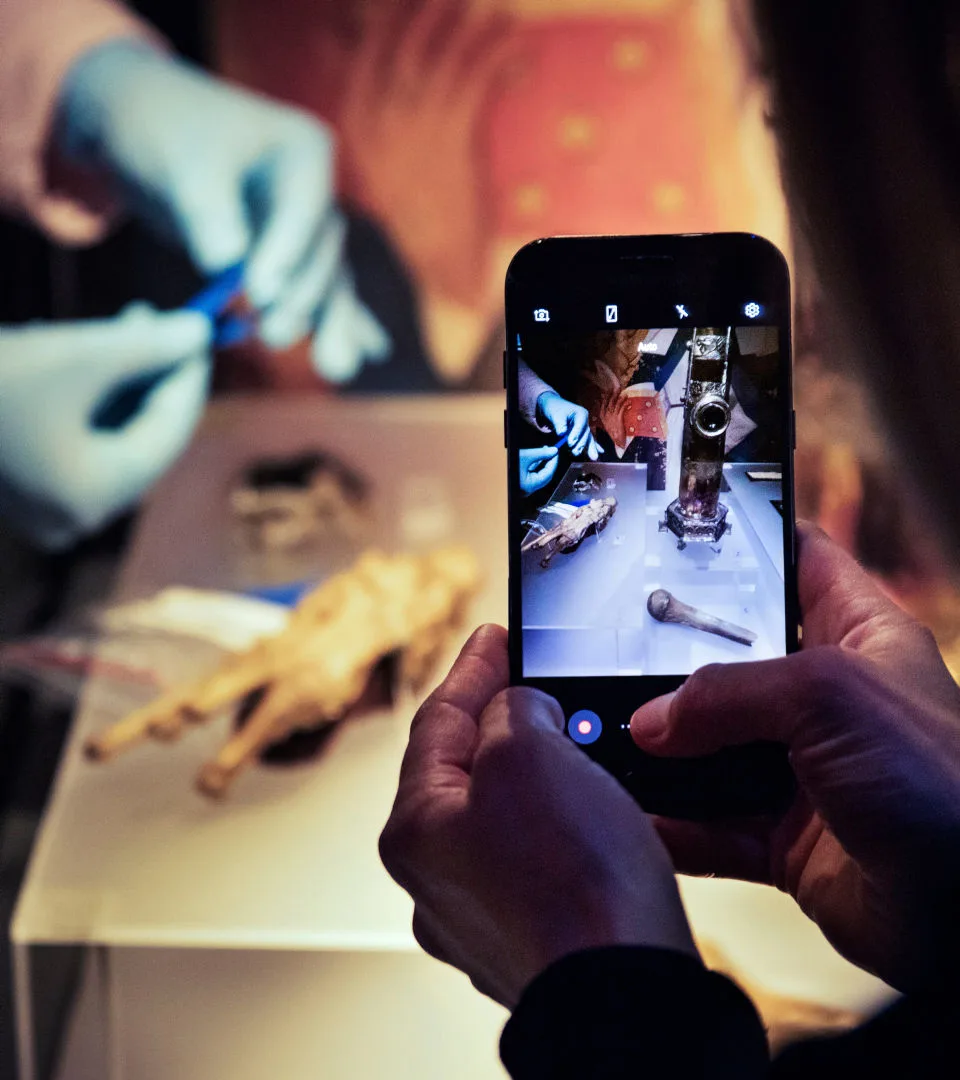 A person photographing while museum staff handle an object.