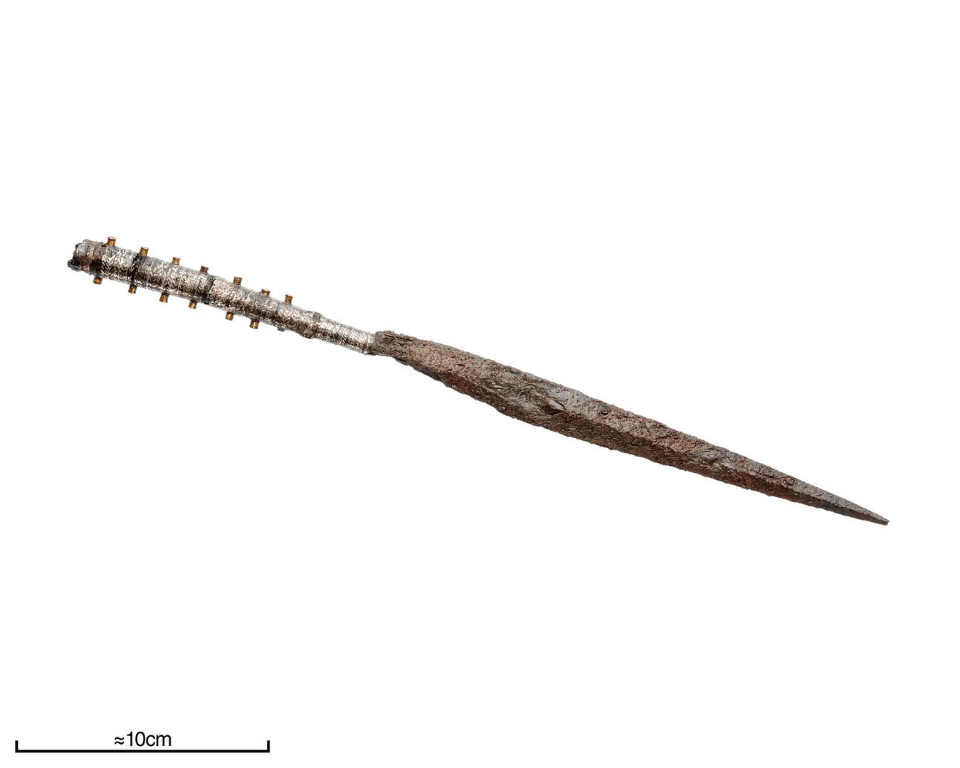 A sharply pointed spearhead with a decorated hilt.