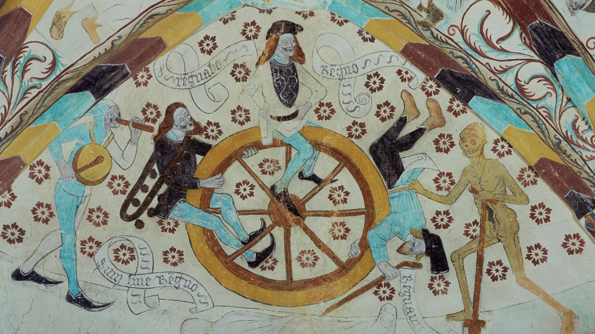 Medieval painting of man in different stages of life around a wooden wheel
