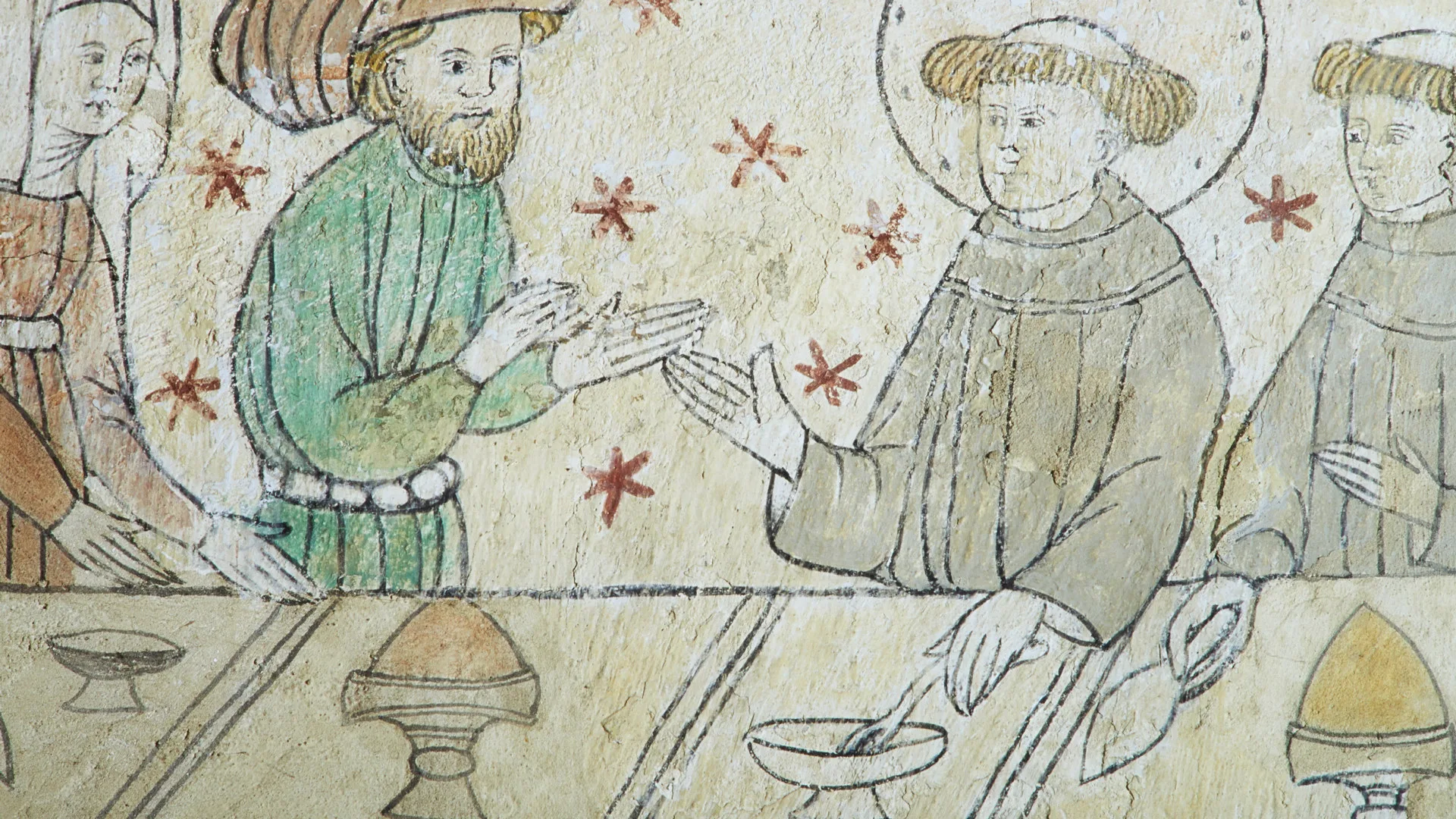 Chalkpainting of a man and a women talking to two monks